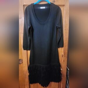 Calvin Klein Black Fringed Sweater Dress, 16" pit to pit, waist 28" & hip 32"